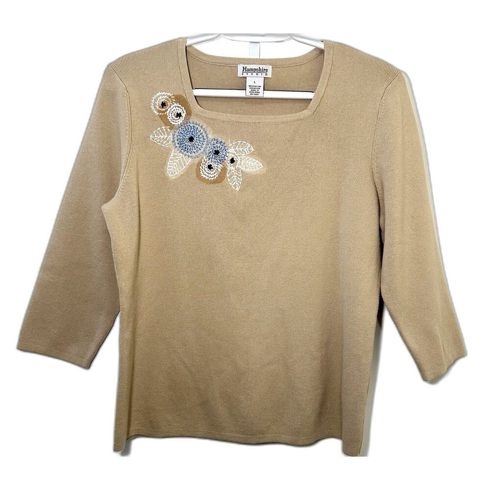 Hampshire Studio Embroidered Knit Top Tan Blue Floral 3/4 Sleeve L Square Neck